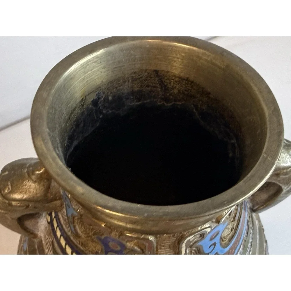 Vintage Japanese Champleve Enamel Brass Bronze Vase Urn Dragon Handle Antique